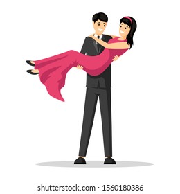 Man carrying woman flat vector illustration. Happy boyfriend in suit holding girlfriend in evening gown cartoon characters. Romantic gesture, valentine day celebration, wedding party design element