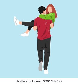 man carrying woman with happy expression. lovers, couple. isolated on blue background. back view. flat vector illustration.