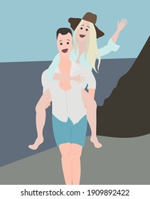 Man Carrying Woman on his back Having Fun at the Beach