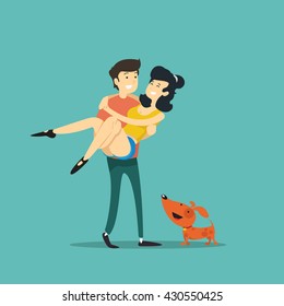 Man carrying woman. Vector illustration.