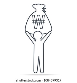 Man carrying Won KRW currency in bag money, simple line icon illustration