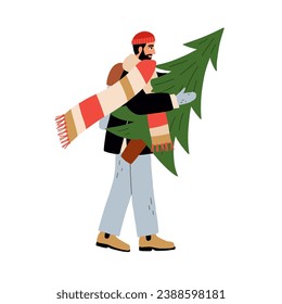 Man carrying Xmas tree for winter holidays. Happy character preparing festive decoration for Christmas. Person going with spruce in hands. Flat graphic vector illustration isolated on white background