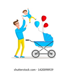 man carrying young boy. Smiling dad holding son. Joyful father playing with his little kid. Happy family. Cute cartoon characters isolated on white background. Colorful vector illustration