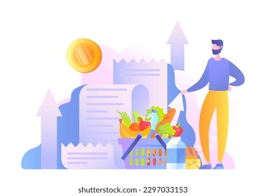 Man with cart and bill. Young guy looks at rising prices and inflation in grocery store. Falling budget and market, economy. Expensive vegetables and fruits. Cartoon flat vector illustration