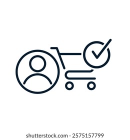 Man, cart, check mark. Online shopping concept. Vector linear icon isolated on white background.