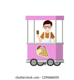 Man in a cart with an ice cream cone in his hand. Small summer business on wheels. Sale and purchase of ice cream. Trade sweet cold dessert. Cartoon flat illustration