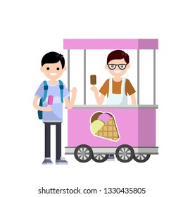 Man in a cart with an ice cream cone in his hand. Small summer business on wheels. Sale and purchase of ice cream. Trade sweet cold dessert. Cartoon flat illustration. Two young guys. Friend talk.