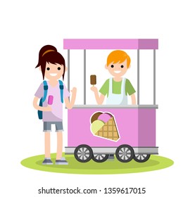 Man in a cart with an ice cream cone in his hand. Small summer business on wheels. Sale and purchase of ice cream. Trade sweet cold dessert. Cartoon flat illustration. Kid Woman and guy.