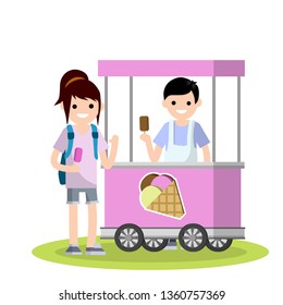 Man in a cart with an ice cream cone in his hand. Small summer business on wheels. Sale and purchase of ice cream. Trade sweet cold dessert. Cartoon flat illustration. Kid Woman and guy.