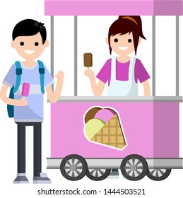 Man in cart with an ice cream cone in hand. Sale and purchase of ice cream. Trade sweet cold dessert. Cartoon flat illustration. Kid Woman and guy. Small summer business on wheels