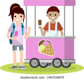 Man in cart with an ice cream cone in hand. Sale and purchase of ice cream. Trade sweet cold dessert. Cartoon flat illustration. Kid Woman and guy. Small summer business on wheels