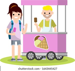 Man in cart with ice cream cone in hand. Trade sweet cold dessert. Cartoon flat illustration. Small summer business on wheels. Sale and purchase of ice cream. Kid Woman and guy