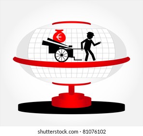 man with cart on globe