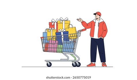 Man with cart overflowing with gifts and purchases ready for celebration