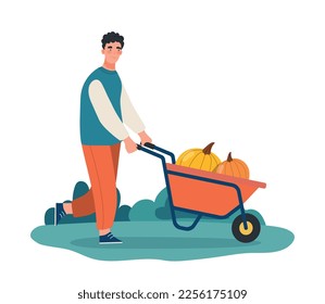 Hombre con carrito con calabazas. Un chico joven con productos naturales y orgánicos, verduras. Cosecha, cultivo y agricultura. Agricultura y campo rural. Dibujo vectorial plano de dibujos animados
