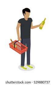 Man with cart purchases in flat design. Shop cart customer male buy , trolley with purchase, consumer with goods, food product in cart, buyer man, shopper. Cartoon character. Vector illustration