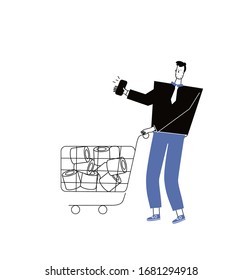 Man with cart shopping toilet paper in supermarket. Concept of corona virus quarantine vector illustration

QVector flat style cartoon illustration isolated