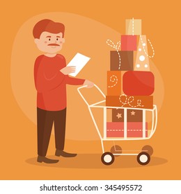Man with cart in supermarket. Vector isolated illustration. Cartoon character.
