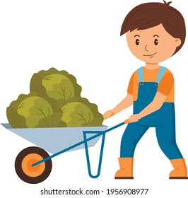 Man with cart vegetables. Autumn gardening harvest.  Cartoon character peasant working in garden. Isolated graphic on white background. Flatvector illustration