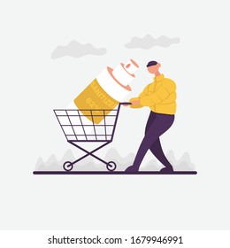 Man with a cart in which a large bottle of sanitizer. Side view. Color vector cartoon illustration. For coronavirus epidemic quarantine.