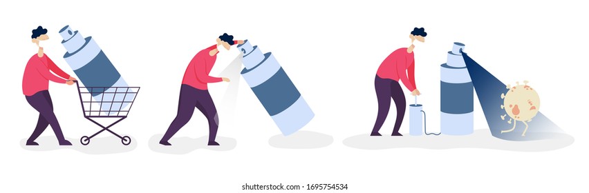 Man with a cart in which a large bottle of sanitizer. Guy sprays sanitizer on on his arm and microbe. Side view. Color vector cartoon illustration. For coronavirus epidemic quarantine.