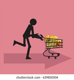 A Man with a Cart, in Which Purchased Products. Shopper from the store. Vector Illustration