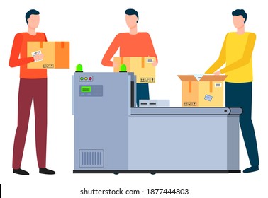 Man with carton boxes working in logistics company. Isolated workers with containers, dealing with orders and cargo. Personage checking content of package on line on factory. Vector in flat style