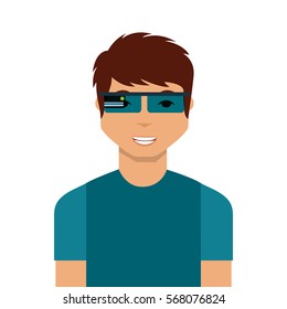 man cartoon with augmented reality visor icon over white background. colorful design. vector illustration