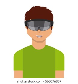 man cartoon with augmented reality visor icon over white background. colorful design. vector illustration