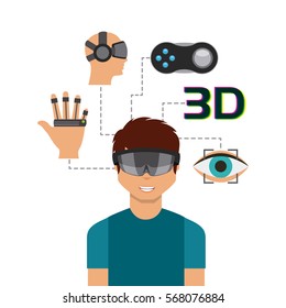 man cartoon with augmented reality visor and accessories around over white background. colorful design. vector illustration