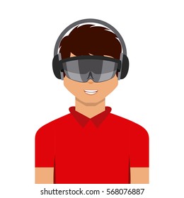 man cartoon with augmented reality visor icon over white background. colorful design. vector illustration
