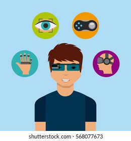 man cartoon with augmented reality visor and accessories around over blue background. colorful design. vector illustration