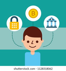 man cartoon avatar bank bitcoin cyber security
