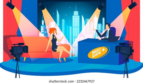 Man at cartoon broadcast show talk with woman celebrity character, vector illustration. Night tv show with person guest, live media program
