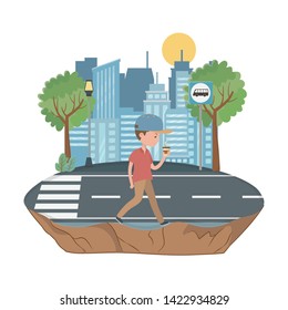man cartoon and bus stop design