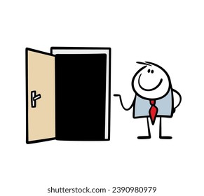 Man in cartoon business suit stands near  open door and invites you to come into the house. Vector illustration of hospitable businessman shows the way. Isolated character on white background.