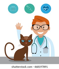 Man Cartoon Cat Stethoscope Veterinarian Pet Clinic Icon, Vector Illustration