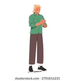 Homem personagem de desenho animado aplaudindo com sorriso amigável no rosto compartilhando parabéns em pé isolado no branco. Pessoas reconhecimento feliz, reforço positivo e boa ilustração vetor de alegria