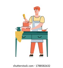 Caricatura masculina horneando y decorando una tarta con crema, ilustración vectorial plana aislada en fondo blanco. Hornear y cocinar como hobby y actividad en casa.