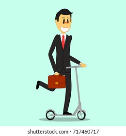 Man cartoon character in a business suit with a briefcase in his hand riding a scooter.