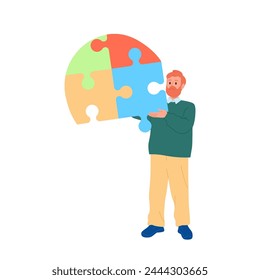 Man cartoon character collecting heart from jigsaw puzzle pieces isolated on white background