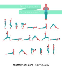 Man cartoon character demonstrating various yoga positions on white background. Set of Yoga asanas. Surya namaskara B. Vector illustration.