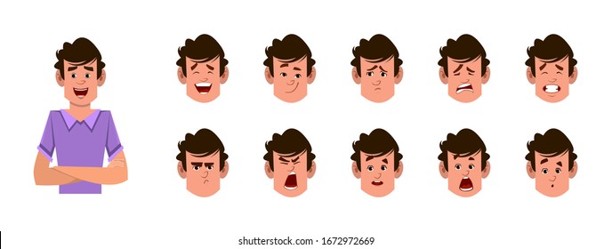man cartoon character with different facial expression set.  different facial emotions for custom animation