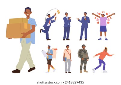 Man cartoon character with different profession, hobby recreation occupation and fun activity