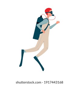 Man cartoon character diving with scuba, flat vector illustration isolated on white background. Personage of diver in outfit for underwater snorkeling and diving.