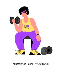 Man cartoon character doing sport exercise with dumbbells or weights, flat vector illustration isolated on white background. Home sports and fitness workout.