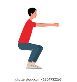 Caricatura masculina haciendo ejercicios deportivos en cuclillas, ilustración vectorial plana aislada en fondo blanco. La actividad deportiva masculina, la formación y el concepto de fitness.