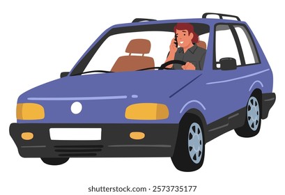 Man cartoon character driving car talking having call using mobile phone violating traffic safety rules vector illustration. Careless male driver holding steering wheel and smartphone at same time