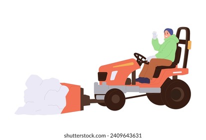 Man cartoon character driving snow dump tractor cleaning street from snow isolated on white