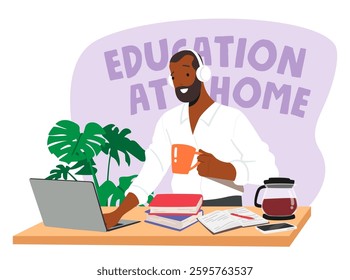 Man cartoon character engaged in online education at home using laptop computer for studying scene. Businessman enjoying distant learning process at comfortable workspace vector illustration